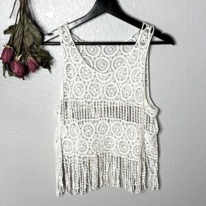 Small white crochet cami, cropped coverup. No label-bought on holiday in Vietnam